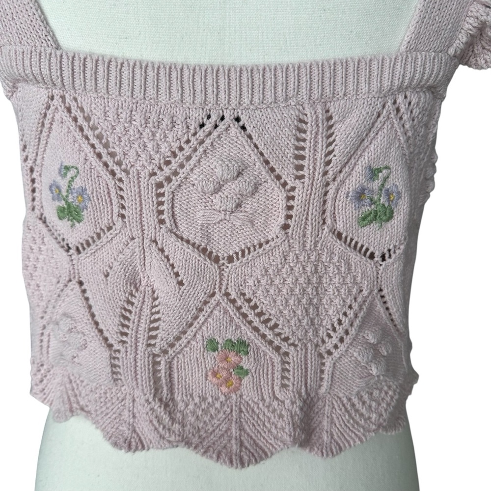 ZARA Pink‎ Embroidered Coquette Cottagecore Pointelle Knit Crop Top Ruffles - M - Picture 5 of 11